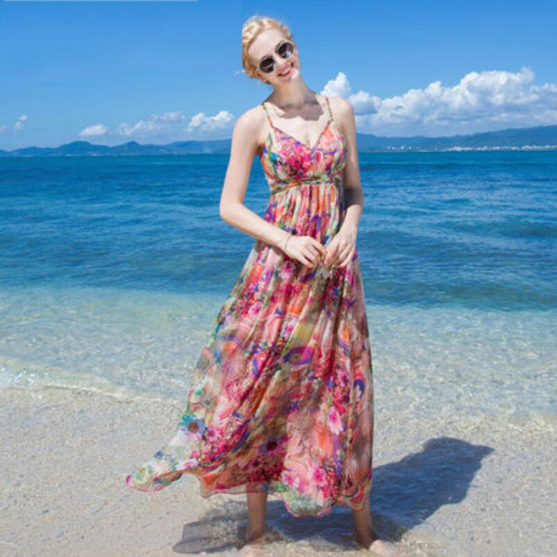 Women 100 Silk dress Beach dress 100% Natural Silk Pink Print dress Strapless Holiday summer dresses